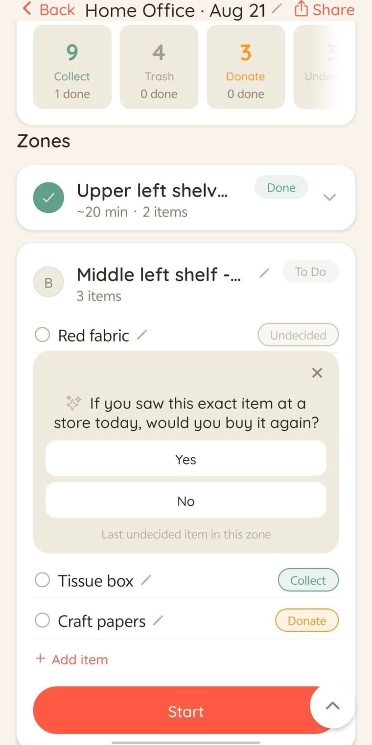 Unjumbl asking a concrete question — would you buy this exact item again — to help decide an item you're undecided on