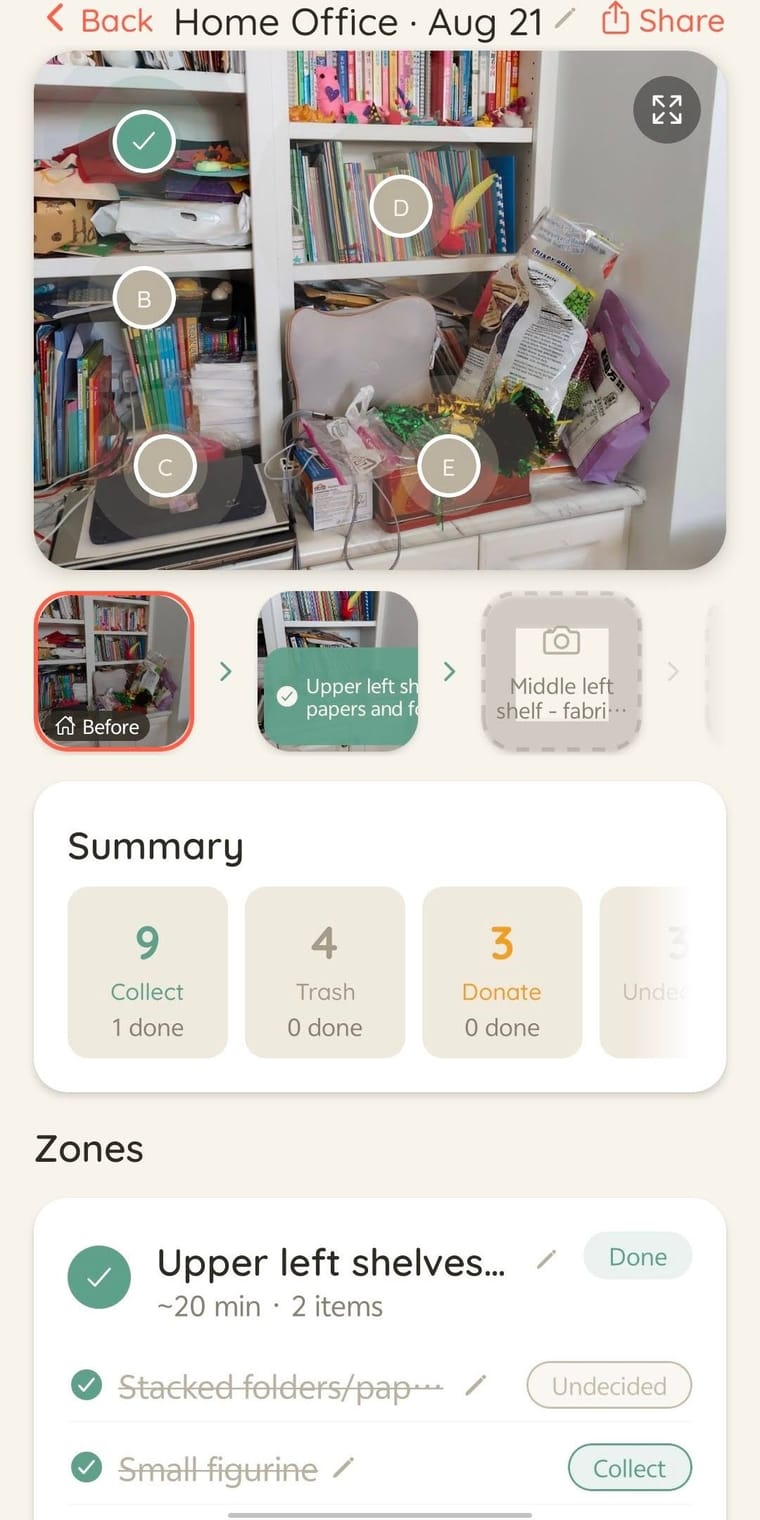 A single plan's detail screen showing the room photo with tappable zone markers and a Collect/Trash/Donate summary