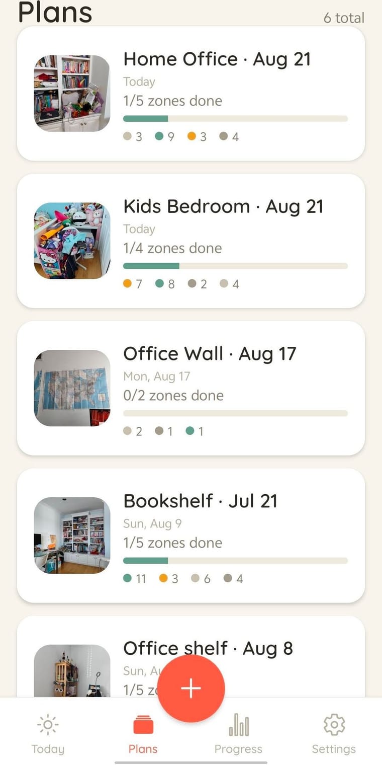 Unjumbl's Plans tab listing several rooms in progress, each with a photo, completion count, and per-decision item tally