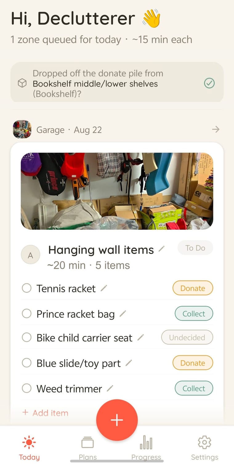 Unjumbl's Today tab showing a Garage zone with a short list of hanging wall items, each with Donate, Collect, and Undecided decision pills